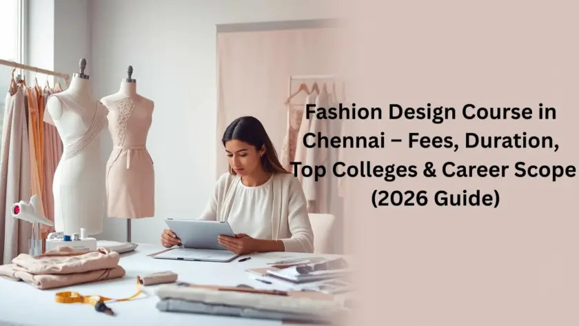 Fashion design course in Chennai 2026 guide showing design studio, mannequins and student sketching fashion concepts.
