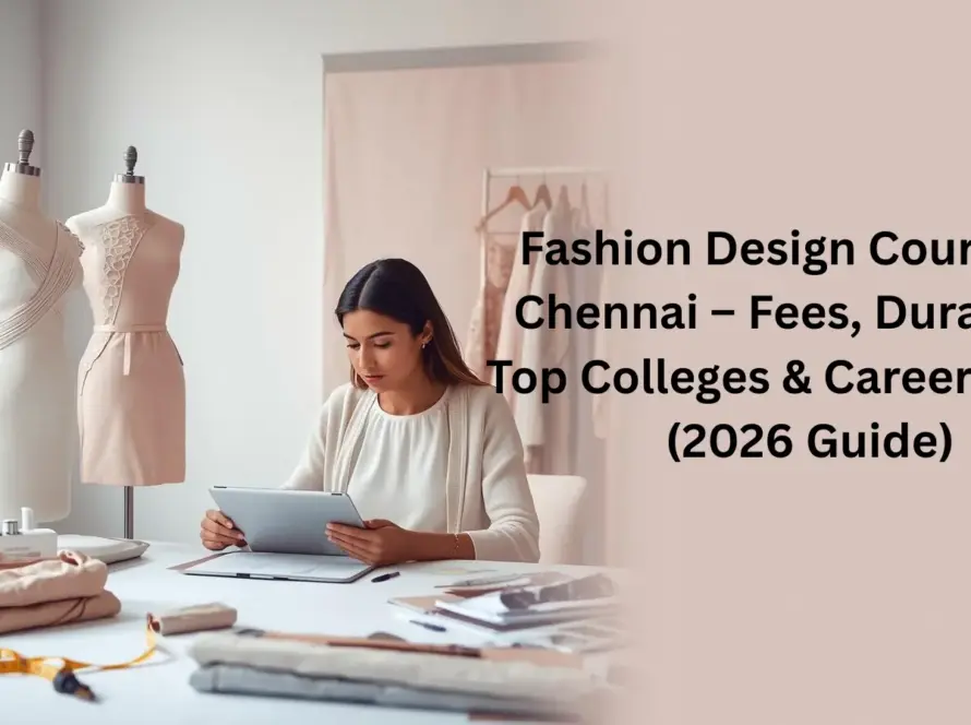 Fashion design course in Chennai 2026 guide showing design studio, mannequins and student sketching fashion concepts.
