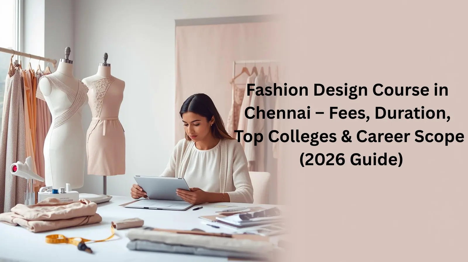 Fashion design course in Chennai 2026 guide showing design studio, mannequins and student sketching fashion concepts.