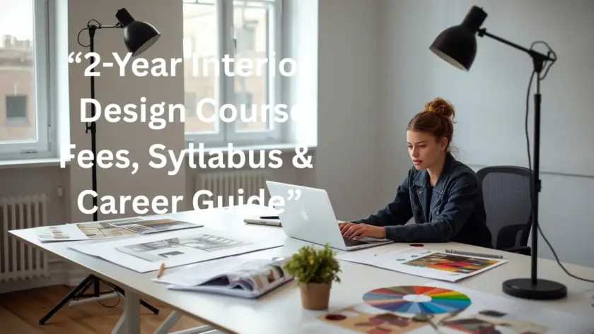 Interior design student working on 3D room design with laptop, color samples and drawings in a modern studio setup