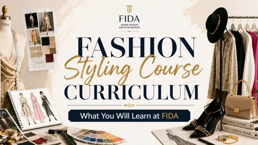 "Fashion styling course banner with the title 'Fashion Styling Course Curriculum – What You Will Learn at FIDA,' featuring a mannequin, clothing rack, fashion sketches, and styling accessories."