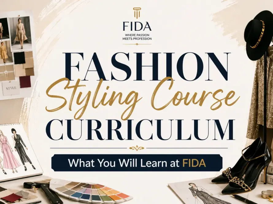 "Fashion styling course banner with the title 'Fashion Styling Course Curriculum – What You Will Learn at FIDA,' featuring a mannequin, clothing rack, fashion sketches, and styling accessories."