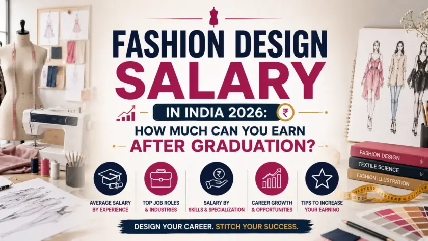 **"Fashion Design Salary in India 2026: How Much Can You Earn After Graduation?"** featuring a fashion design studio with a dress form, sewing machine, sketches, fabric swatches, and the title centered.