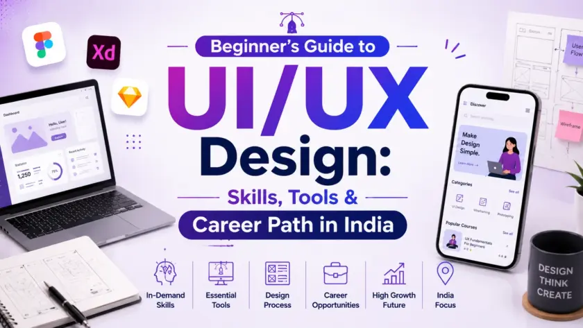 Beginner’s Guide to UI/UX Design blog banner featuring UI design tools, wireframes, mobile app interface, and a centered title on a modern purple-themed background.