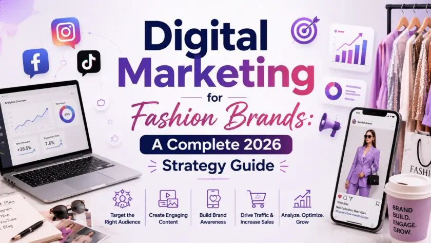 Digital Marketing for Fashion Brands 2026 blog banner with social media, analytics, fashion branding, and centered title.