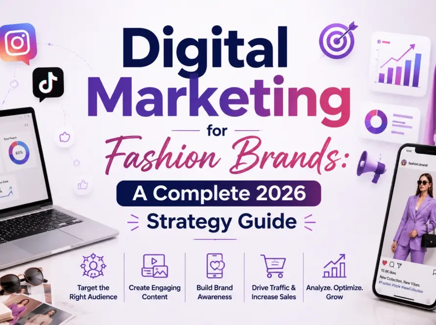 Digital Marketing for Fashion Brands 2026 blog banner with social media, analytics, fashion branding, and centered title.