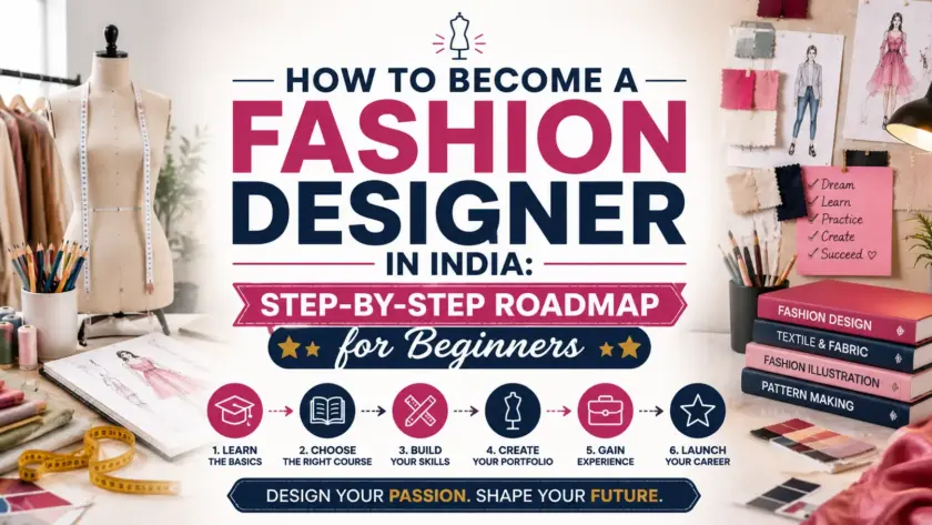 "How to Become a Fashion Designer in India: Step-by-Step Roadmap for Beginners" featuring a fashion design studio with a dress form, sketches, fabric swatches, design tools, and the title centered.
