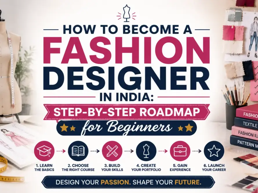 "How to Become a Fashion Designer in India: Step-by-Step Roadmap for Beginners" featuring a fashion design studio with a dress form, sketches, fabric swatches, design tools, and the title centered.