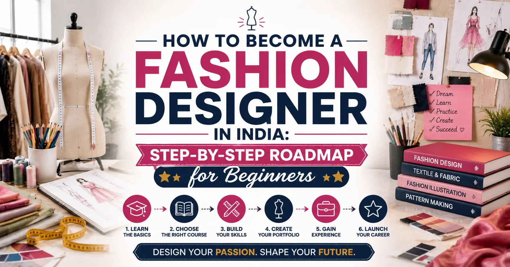 "How to Become a Fashion Designer in India: Step-by-Step Roadmap for Beginners" featuring a fashion design studio with a dress form, sketches, fabric swatches, design tools, and the title centered.