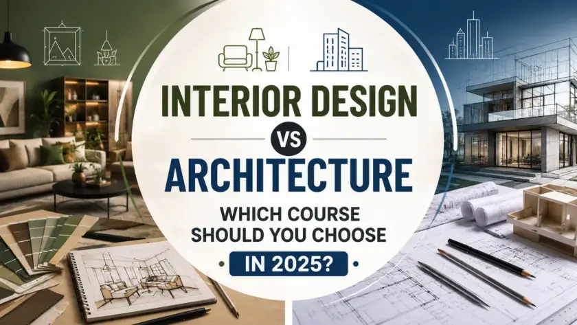 Comparing Interior Design and Architecture with the title 'Which Course Should You Choose in 2025?' featuring modern interiors, architectural blueprints, and design tools."