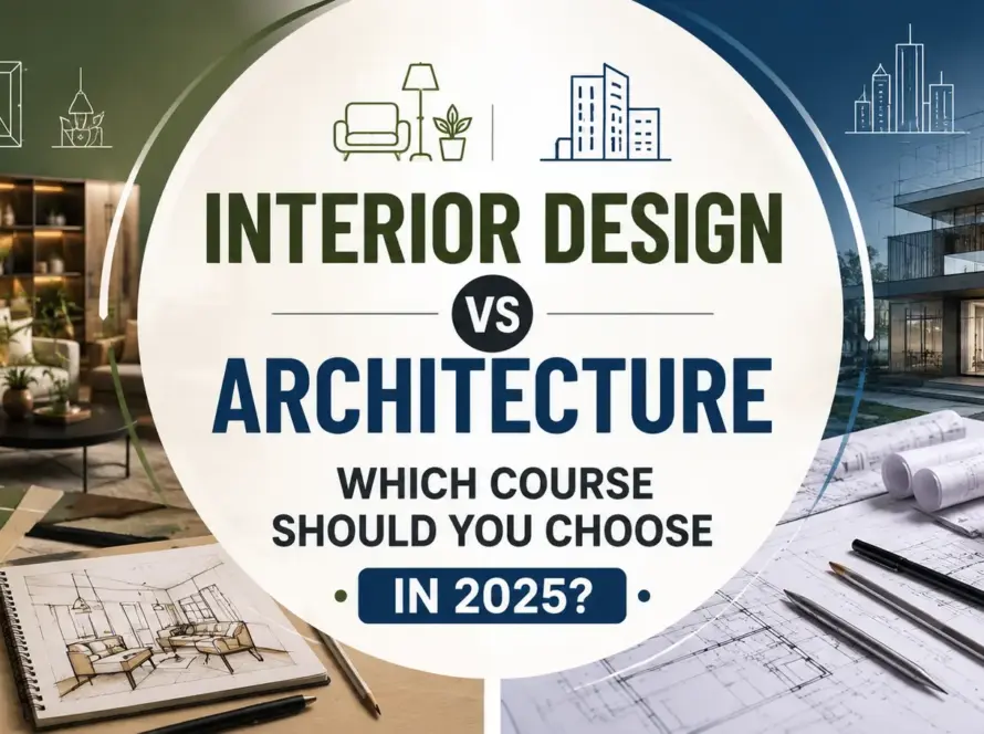Comparing Interior Design and Architecture with the title 'Which Course Should You Choose in 2025?' featuring modern interiors, architectural blueprints, and design tools."