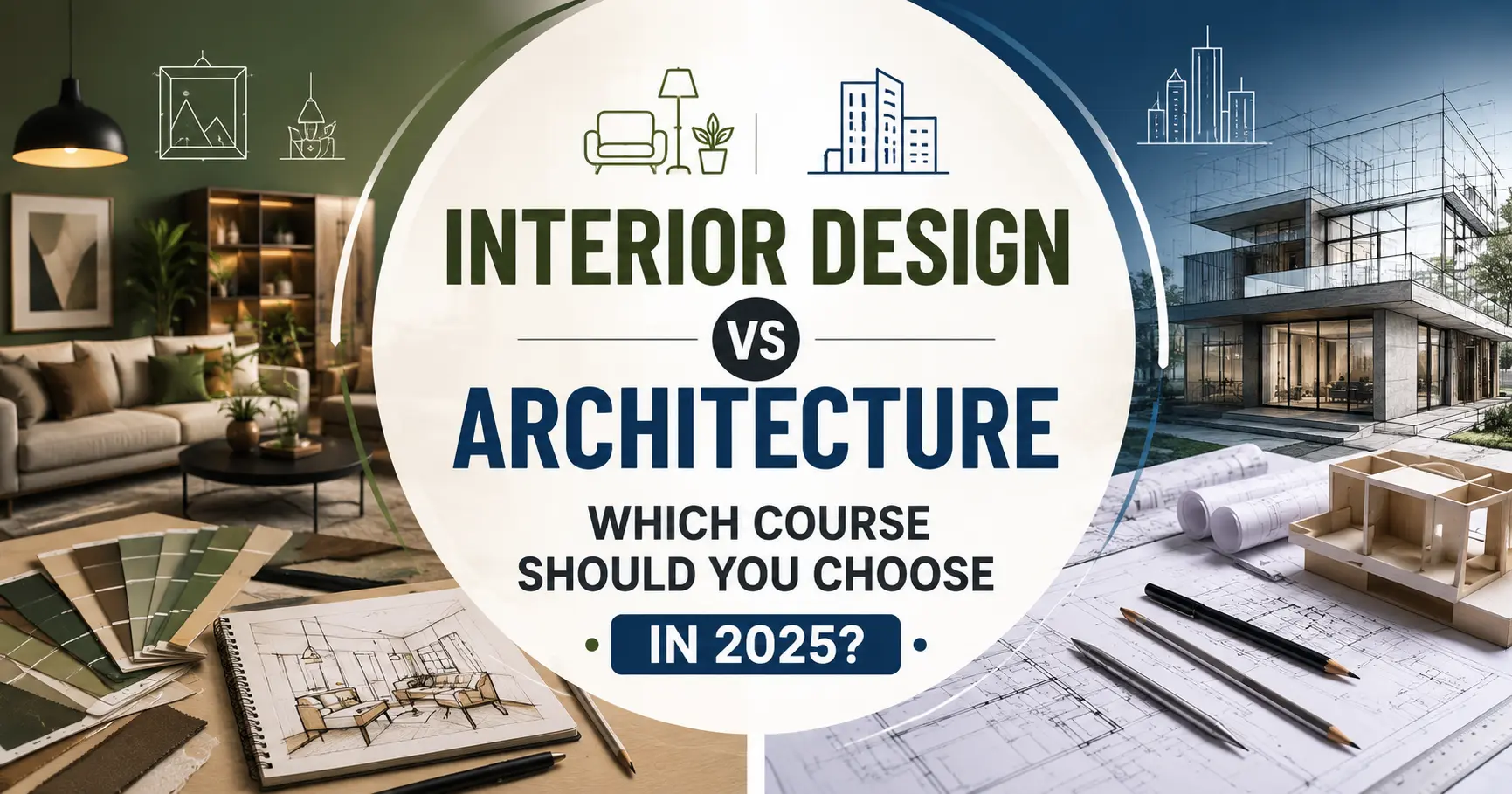 Comparing Interior Design and Architecture with the title 'Which Course Should You Choose in 2025?' featuring modern interiors, architectural blueprints, and design tools."