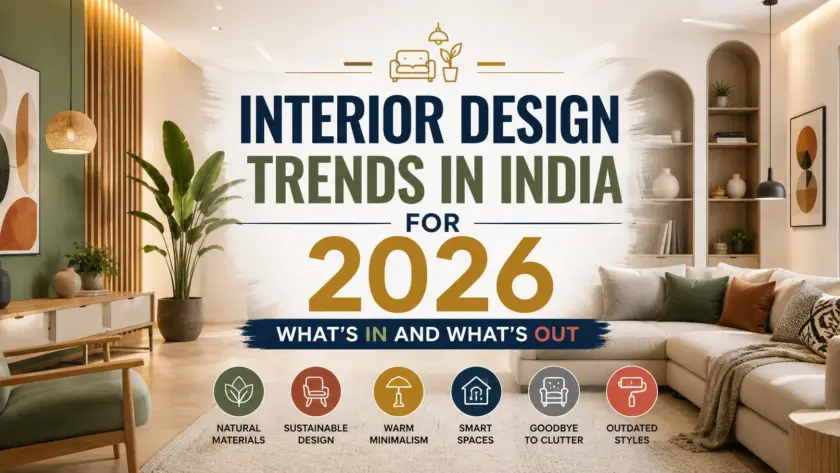 "Interior Design Trends in India for 2026: What’s In and What’s Out" featuring a modern living room with contemporary décor, natural materials, and the title centered.