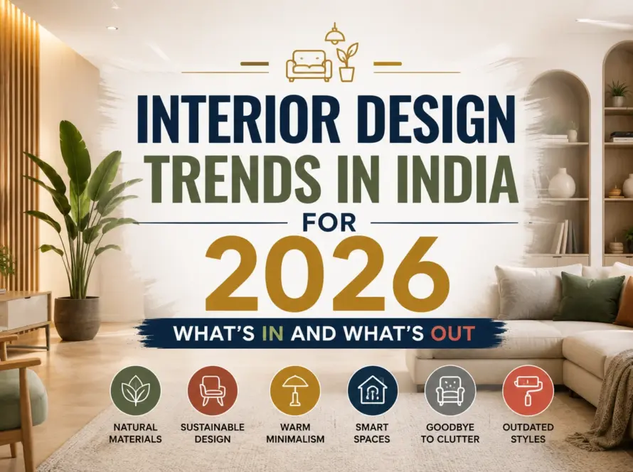 "Interior Design Trends in India for 2026: What’s In and What’s Out" featuring a modern living room with contemporary décor, natural materials, and the title centered.