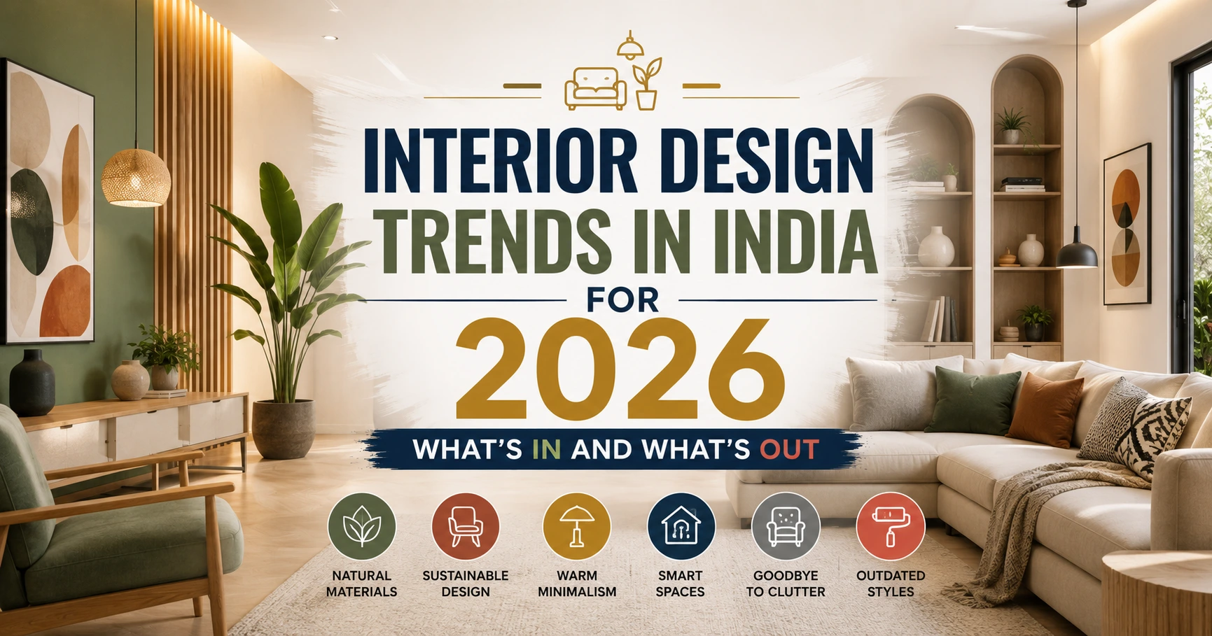 "Interior Design Trends in India for 2026: What’s In and What’s Out" featuring a modern living room with contemporary décor, natural materials, and the title centered.