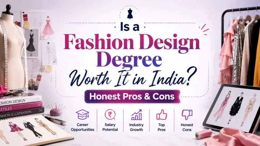 Is a Fashion Design Degree Worth It in India? Honest Pros & Cons blog banner featuring a fashion studio with dress forms, clothing rack, fashion sketches, sewing tools, and the centered title on a modern professional background.
