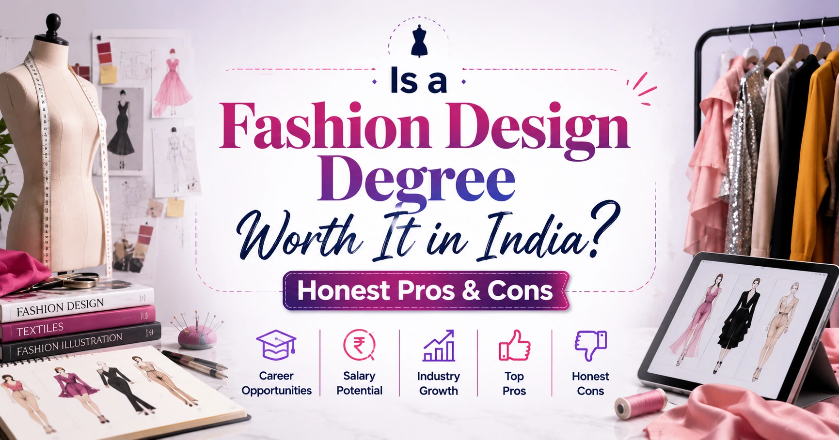 Is a Fashion Design Degree Worth It in India? Honest Pros & Cons blog banner featuring a fashion studio with dress forms, clothing rack, fashion sketches, sewing tools, and the centered title on a modern professional background.