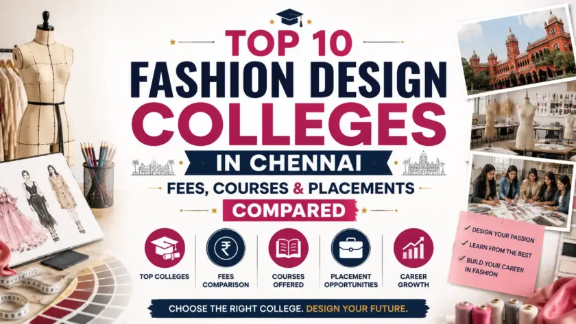 "Top 10 Fashion Design Colleges in Chennai — Fees, Courses & Placements Compared" featuring fashion sketches, a dress form, design studio elements, and the title centered.