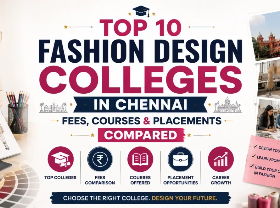 "Top 10 Fashion Design Colleges in Chennai — Fees, Courses & Placements Compared" featuring fashion sketches, a dress form, design studio elements, and the title centered.