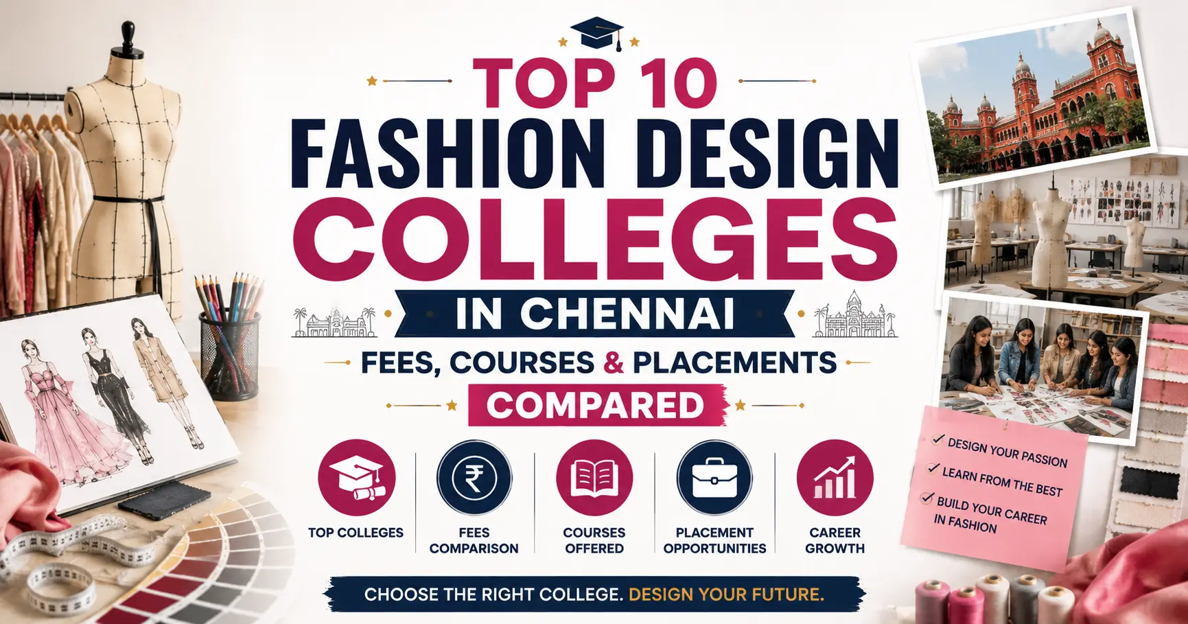 "Top 10 Fashion Design Colleges in Chennai — Fees, Courses & Placements Compared" featuring fashion sketches, a dress form, design studio elements, and the title centered.