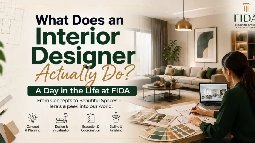 "Interior designer creating a modern home design with the title 'What Does an Interior Designer Actually Do? A Day in the Life at FIDA'."
