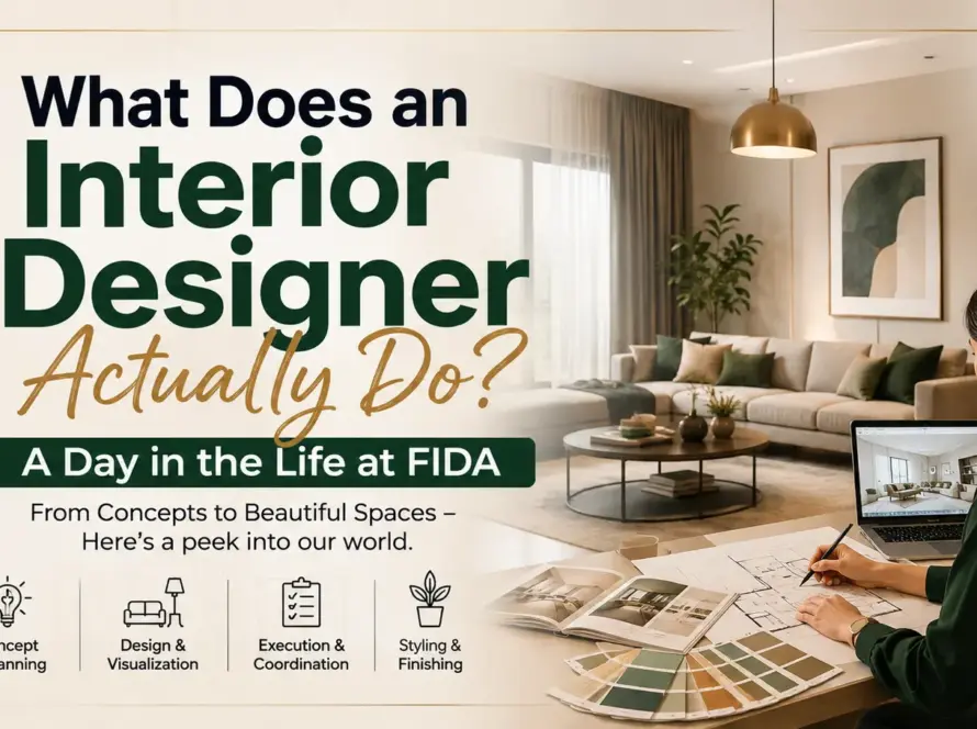 "Interior designer creating a modern home design with the title 'What Does an Interior Designer Actually Do? A Day in the Life at FIDA'."