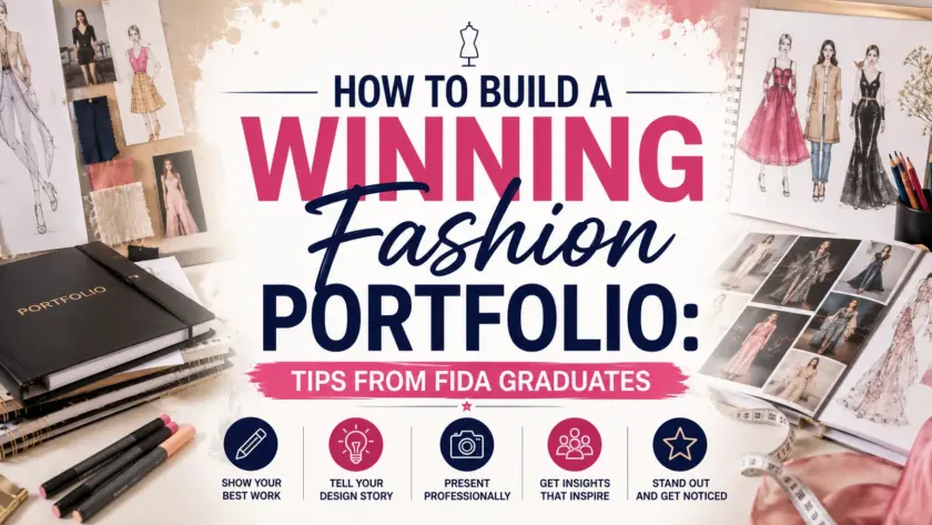 "How to Build a Winning Fashion Portfolio: Tips from FIDA Graduates" featuring fashion sketches, a portfolio book, design tools, and the title centered.
