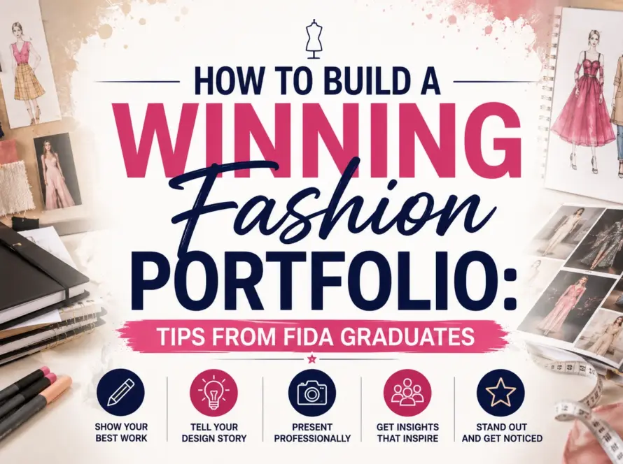"How to Build a Winning Fashion Portfolio: Tips from FIDA Graduates" featuring fashion sketches, a portfolio book, design tools, and the title centered.