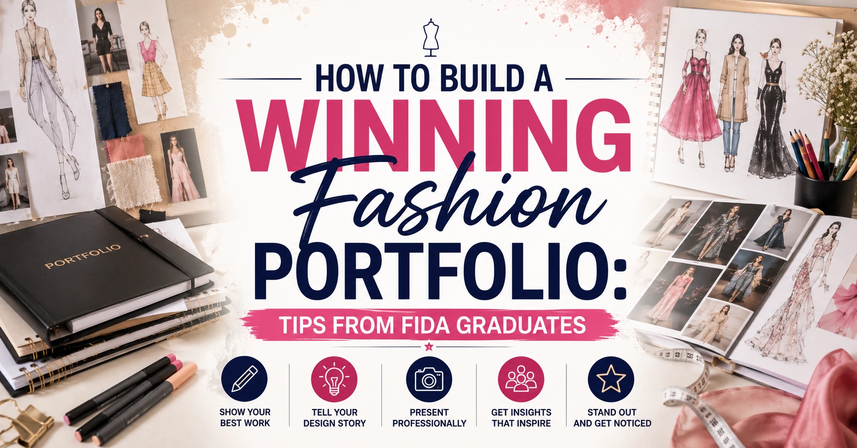 "How to Build a Winning Fashion Portfolio: Tips from FIDA Graduates" featuring fashion sketches, a portfolio book, design tools, and the title centered.
