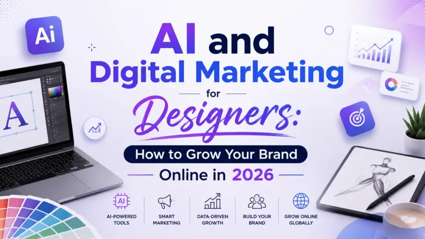 AI and Digital Marketing for Designers: How to Grow Your Brand Online in 2026 blog banner featuring AI-powered design tools, digital marketing icons, analytics charts, and creative workspace elements with the title centered on a modern blue and purple background.