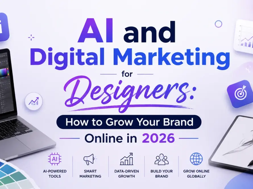 AI and Digital Marketing for Designers: How to Grow Your Brand Online in 2026 blog banner featuring AI-powered design tools, digital marketing icons, analytics charts, and creative workspace elements with the title centered on a modern blue and purple background.