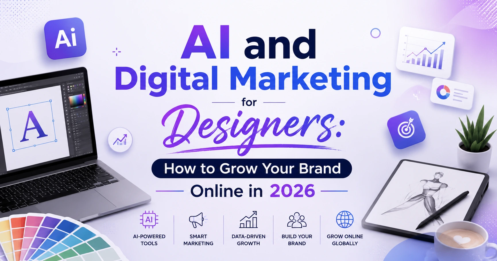 AI and Digital Marketing for Designers: How to Grow Your Brand Online in 2026 blog banner featuring AI-powered design tools, digital marketing icons, analytics charts, and creative workspace elements with the title centered on a modern blue and purple background.