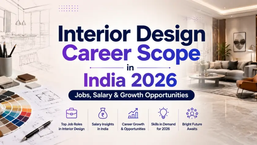 Interior Design Career Scope in India 2026: Jobs, Salary & Growth Opportunities blog banner featuring a modern interior living room, architectural sketches, design tools, color swatches, and the centered title on a clean professional background.
