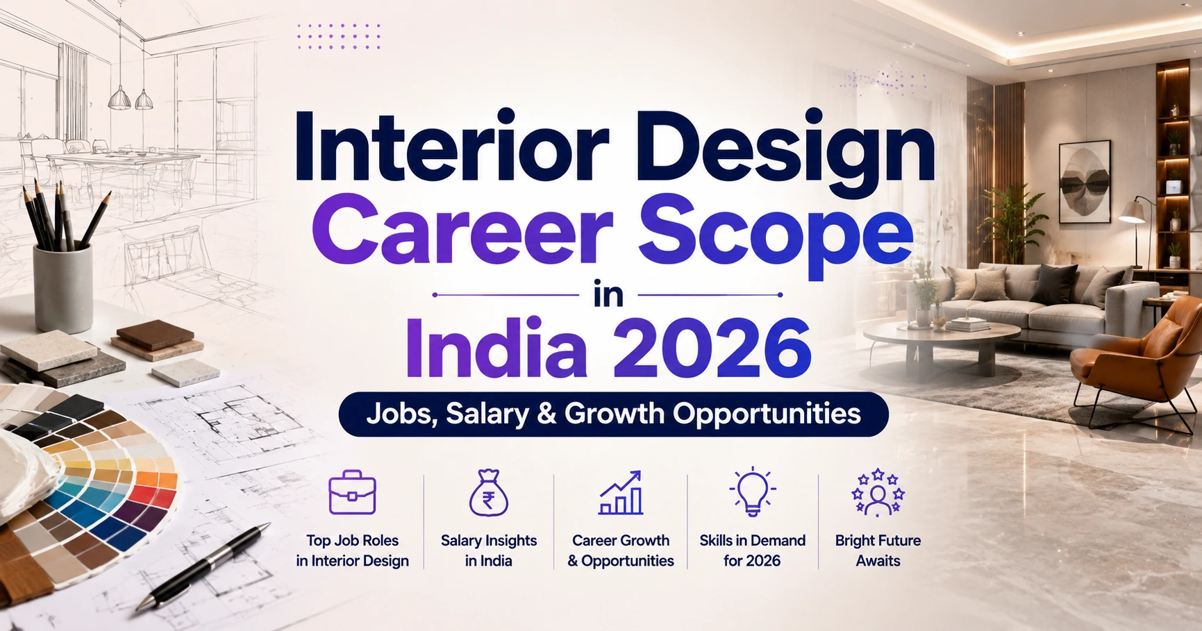 Interior Design Career Scope in India 2026: Jobs, Salary & Growth Opportunities blog banner featuring a modern interior living room, architectural sketches, design tools, color swatches, and the centered title on a clean professional background.