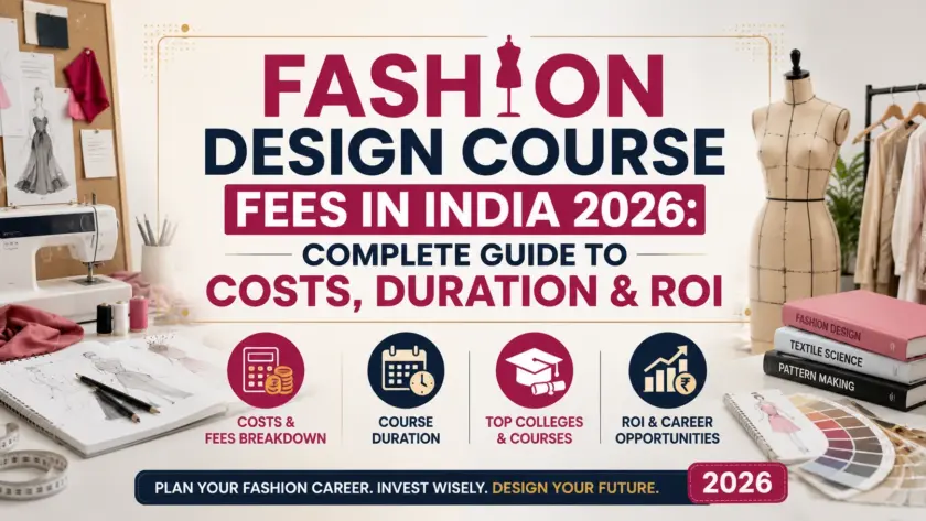 Blog banner for "Fashion Design Course Fees in India 2026: Complete Guide to Costs, Duration & ROI" featuring a fashion design studio with a sewing machine, dress form, sketches, fabric samples, and the title centered.
