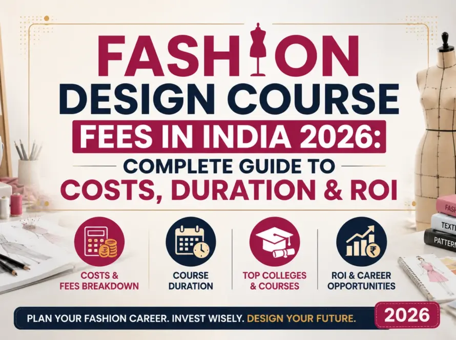 Blog banner for "Fashion Design Course Fees in India 2026: Complete Guide to Costs, Duration & ROI" featuring a fashion design studio with a sewing machine, dress form, sketches, fabric samples, and the title centered.