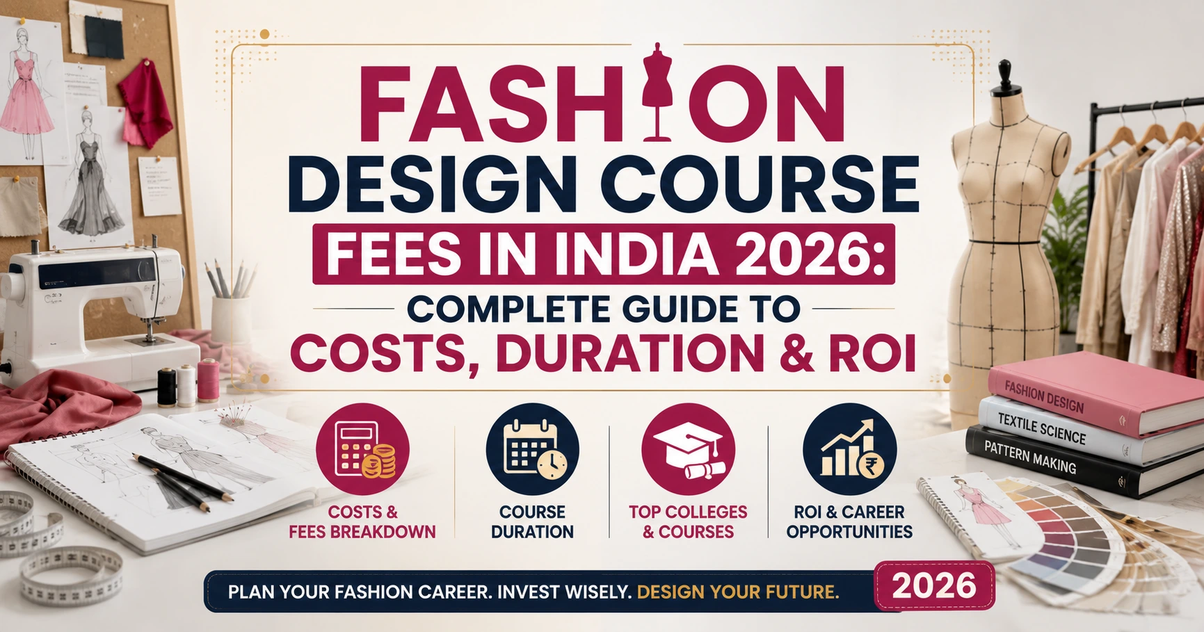 Blog banner for "Fashion Design Course Fees in India 2026: Complete Guide to Costs, Duration & ROI" featuring a fashion design studio with a sewing machine, dress form, sketches, fabric samples, and the title centered.