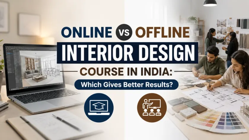 Online vs Offline Interior Design Course in India comparison banner featuring a laptop for online learning and a classroom for offline training, with the title "Online vs Offline Interior Design Course in India: Which Gives Better Results?" centered.