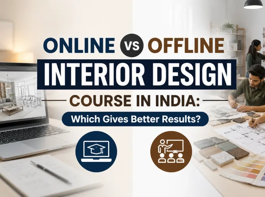 Online vs Offline Interior Design Course in India comparison banner featuring a laptop for online learning and a classroom for offline training, with the title "Online vs Offline Interior Design Course in India: Which Gives Better Results?" centered.