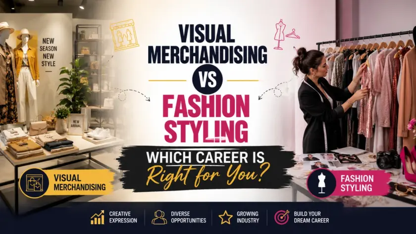 Blog banner comparing Visual Merchandising and Fashion Styling careers, featuring a retail display on one side and a fashion stylist at work on the other, with the centered title: "Visual Merchandising vs Fashion Styling: Which Career is Right for You?"