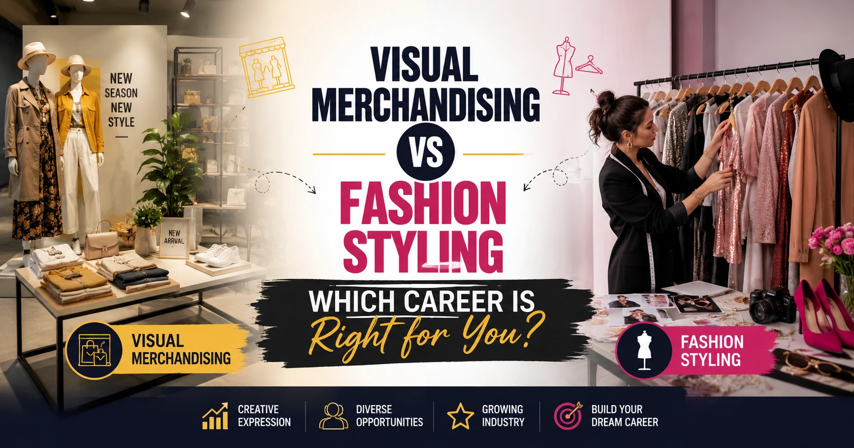 Blog banner comparing Visual Merchandising and Fashion Styling careers, featuring a retail display on one side and a fashion stylist at work on the other, with the centered title: "Visual Merchandising vs Fashion Styling: Which Career is Right for You?"