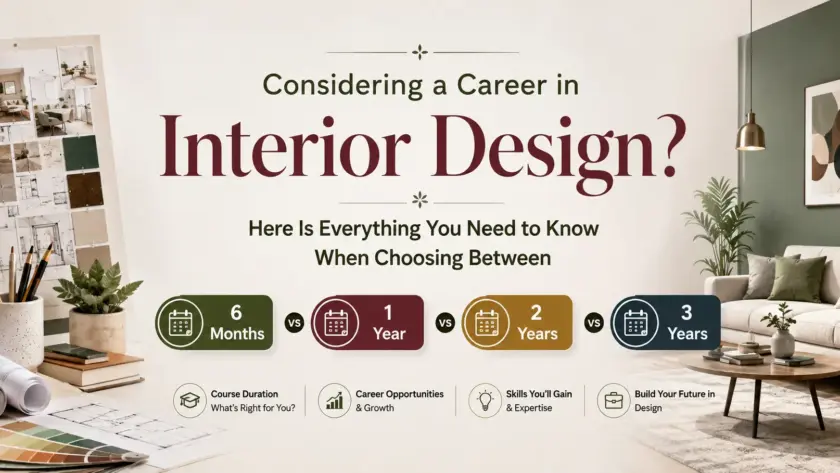 Interior design career guide comparing 6-month, 1-year, 2-year, and 3-year courses, with interior design sketches, material samples, and a modern living room in the background.