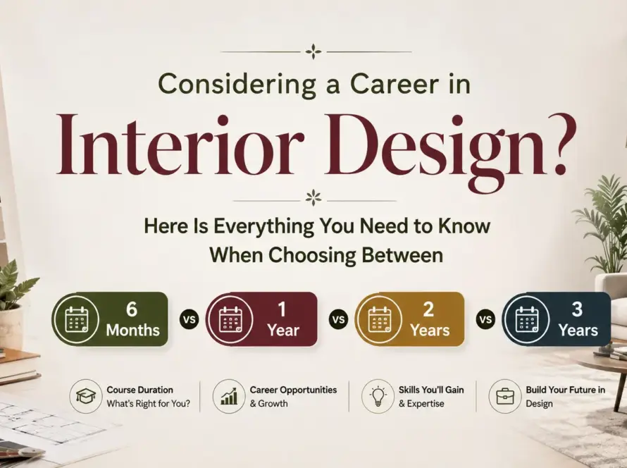 Interior design career guide comparing 6-month, 1-year, 2-year, and 3-year courses, with interior design sketches, material samples, and a modern living room in the background.
