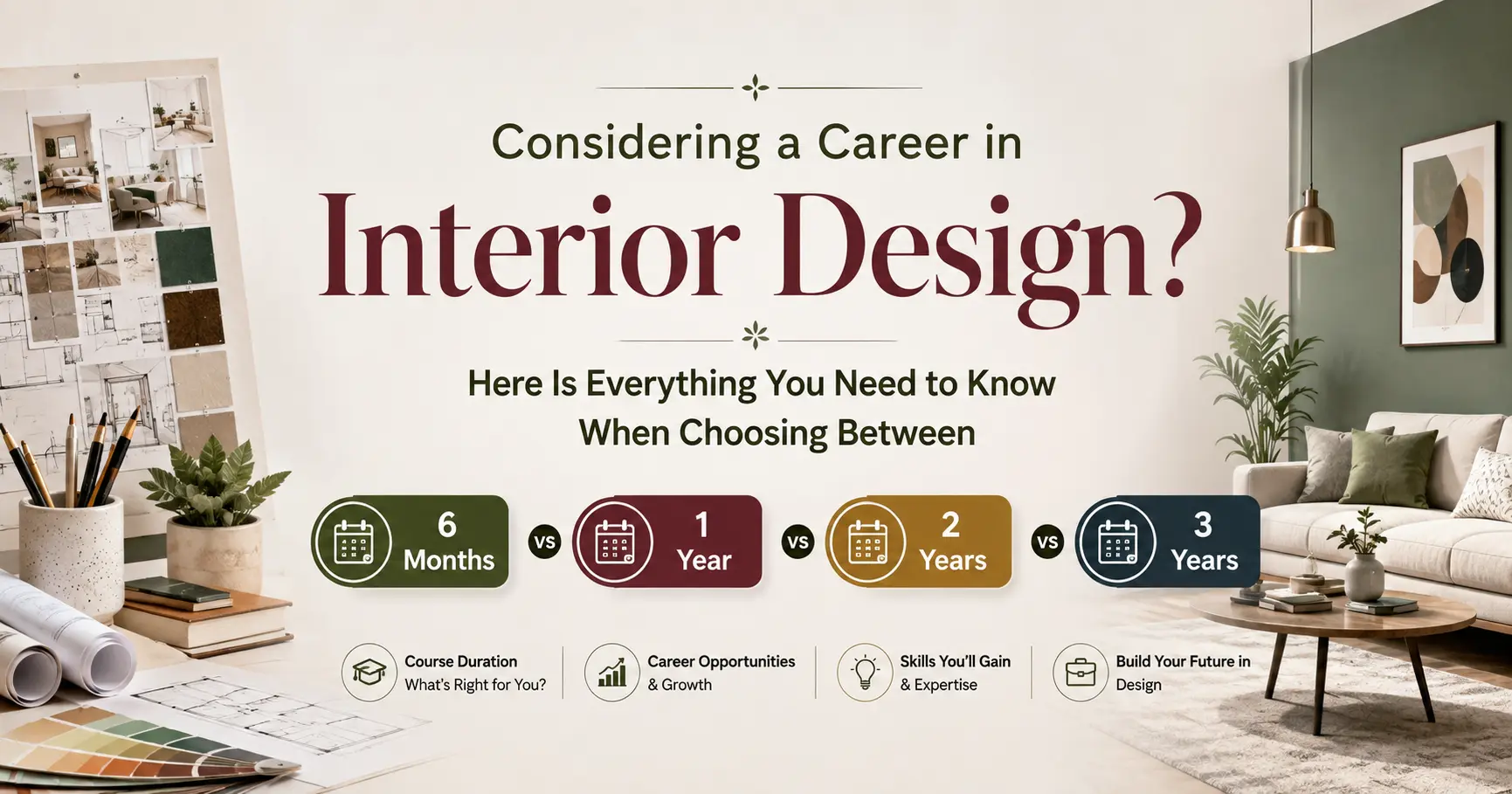 Interior design career guide comparing 6-month, 1-year, 2-year, and 3-year courses, with interior design sketches, material samples, and a modern living room in the background.