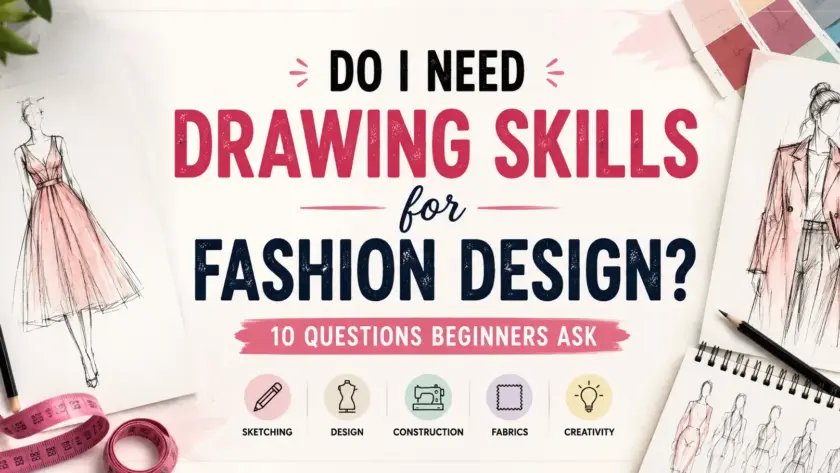 Fashion design illustration with sketches, pencils, fabric swatches and the title “Do I Need Drawing Skills for Fashion Design?”