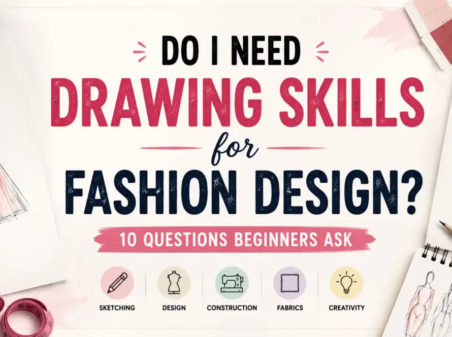 Fashion design illustration with sketches, pencils, fabric swatches and the title “Do I Need Drawing Skills for Fashion Design?”