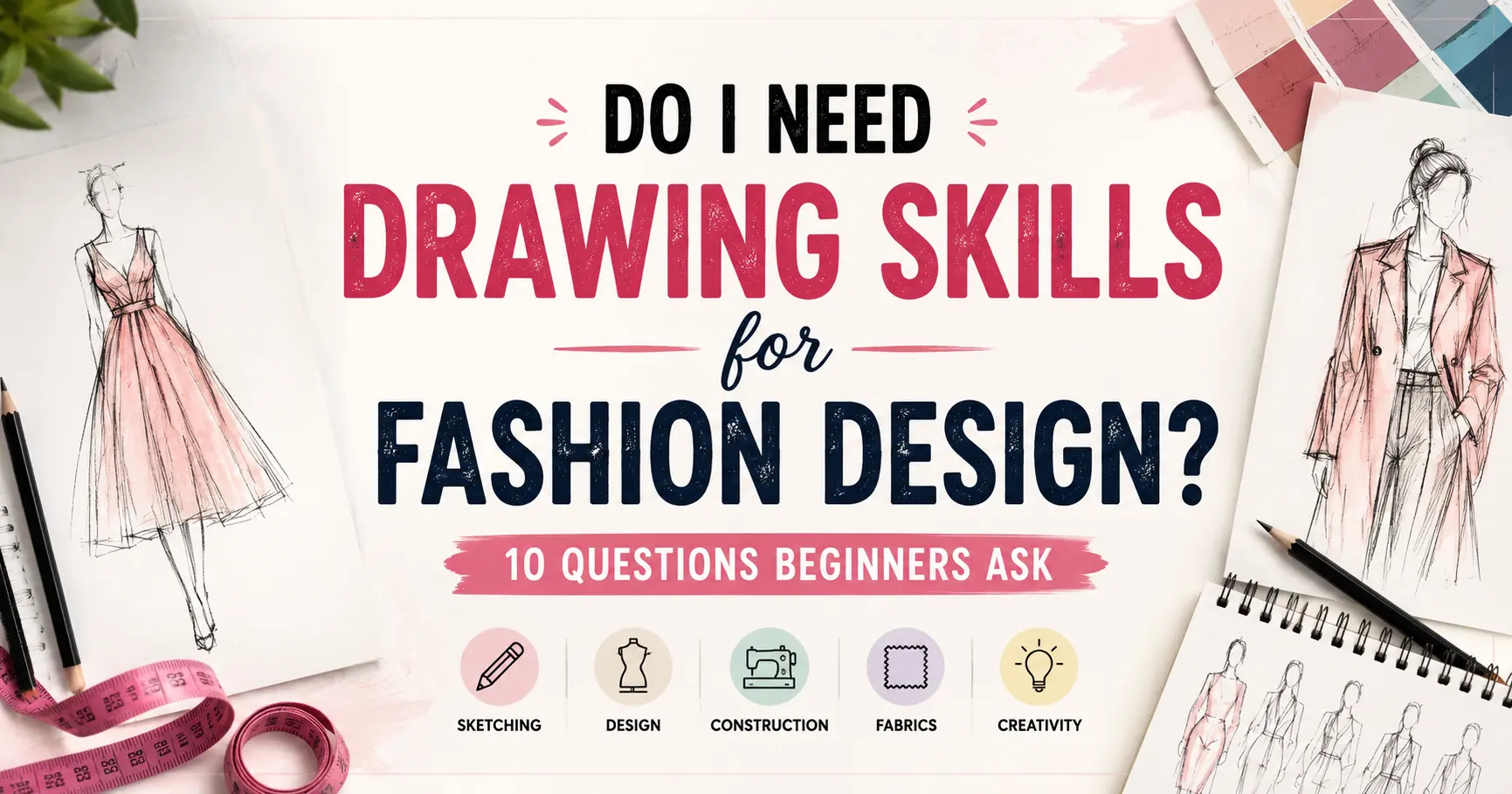 Fashion design illustration with sketches, pencils, fabric swatches and the title “Do I Need Drawing Skills for Fashion Design?”