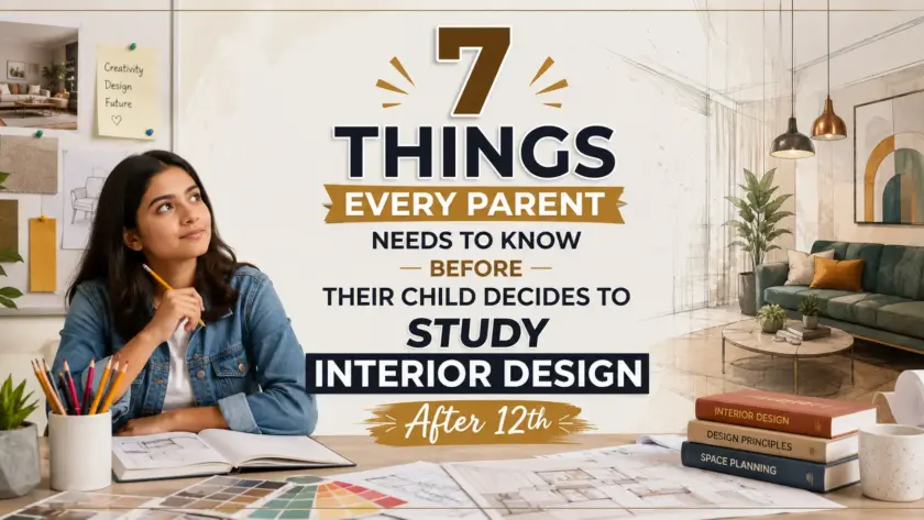after 12th, featuring a student working on interior design sketches and a modern interior design studio.