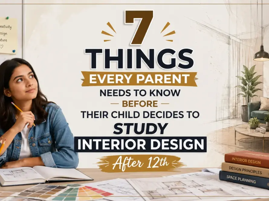 after 12th, featuring a student working on interior design sketches and a modern interior design studio.