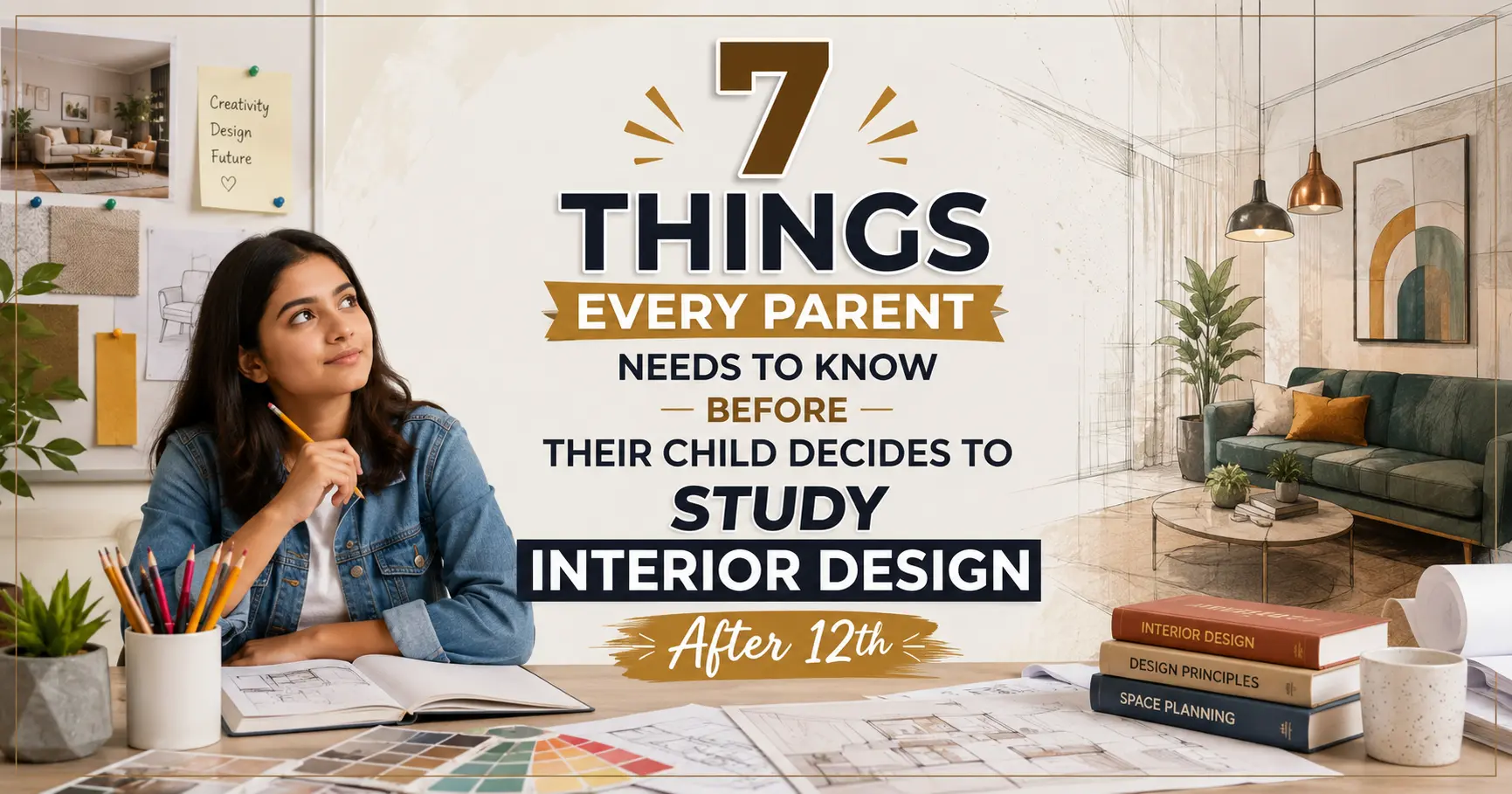 after 12th, featuring a student working on interior design sketches and a modern interior design studio.